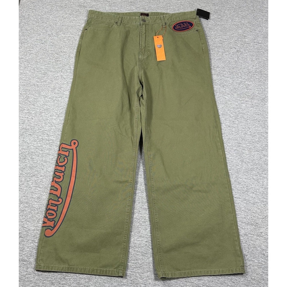 Von Dutch Originals Pants Mens 38 Green Canvas Wide Leg Baggy Skate Retro NEW
